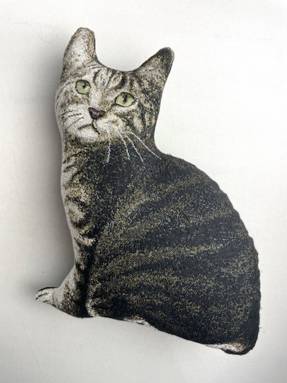 Tabby Cat Shaped Tapestry Pillow Green Eyes Black Back Decorative Accent 17"